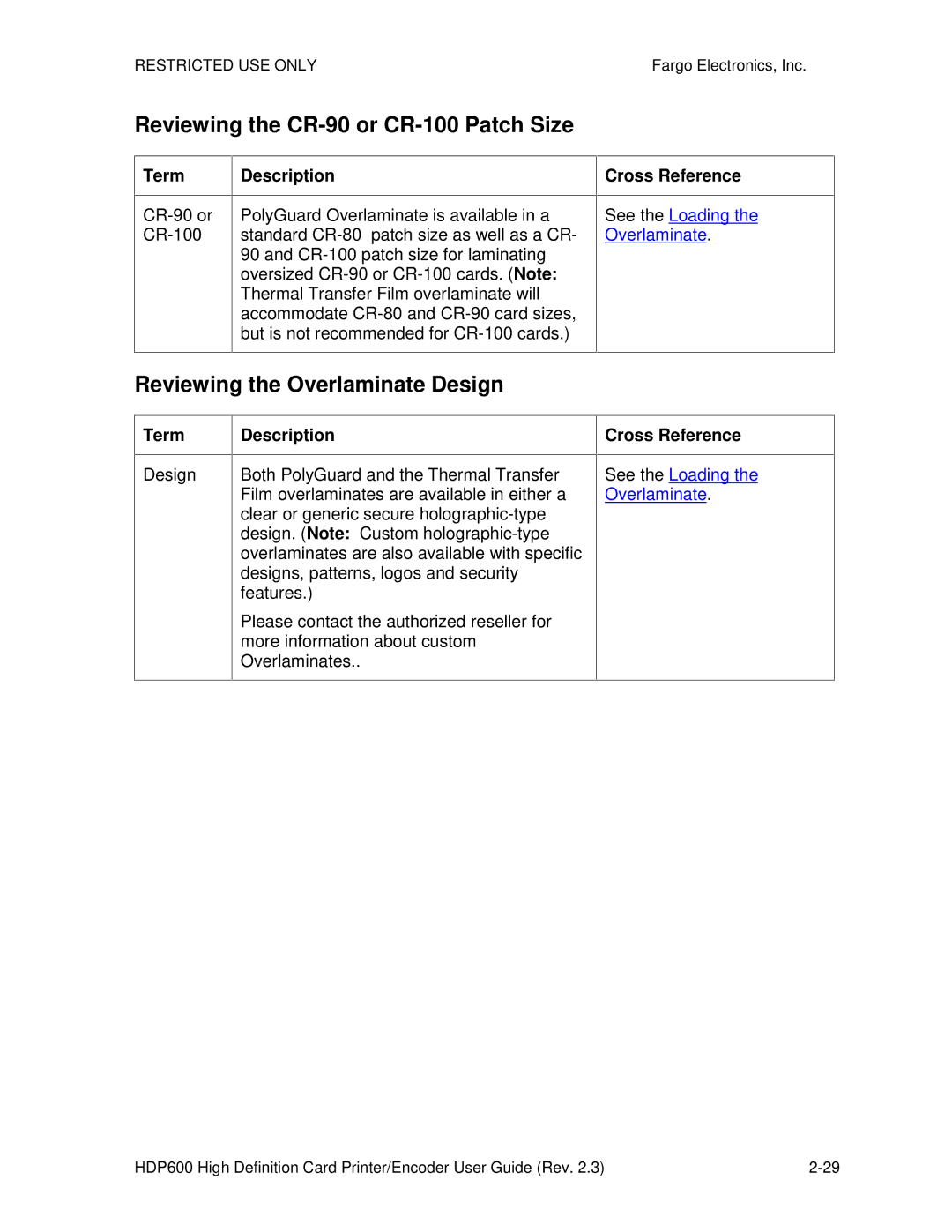 FARGO electronic HDP600 CR100, HDP600-LC Reviewing the CR-90 or CR-100 Patch Size, Reviewing the Overlaminate Design 