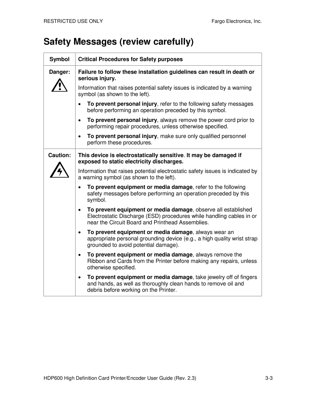 FARGO electronic HDP600 CR100, HDP600-LC manual Safety Messages review carefully 