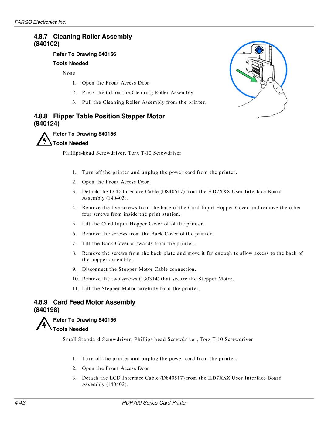 FARGO electronic HDP700 Cleaning Roller Assembly, Flipper Table Position Stepper Motor 840124, Card Feed Motor Assembly 