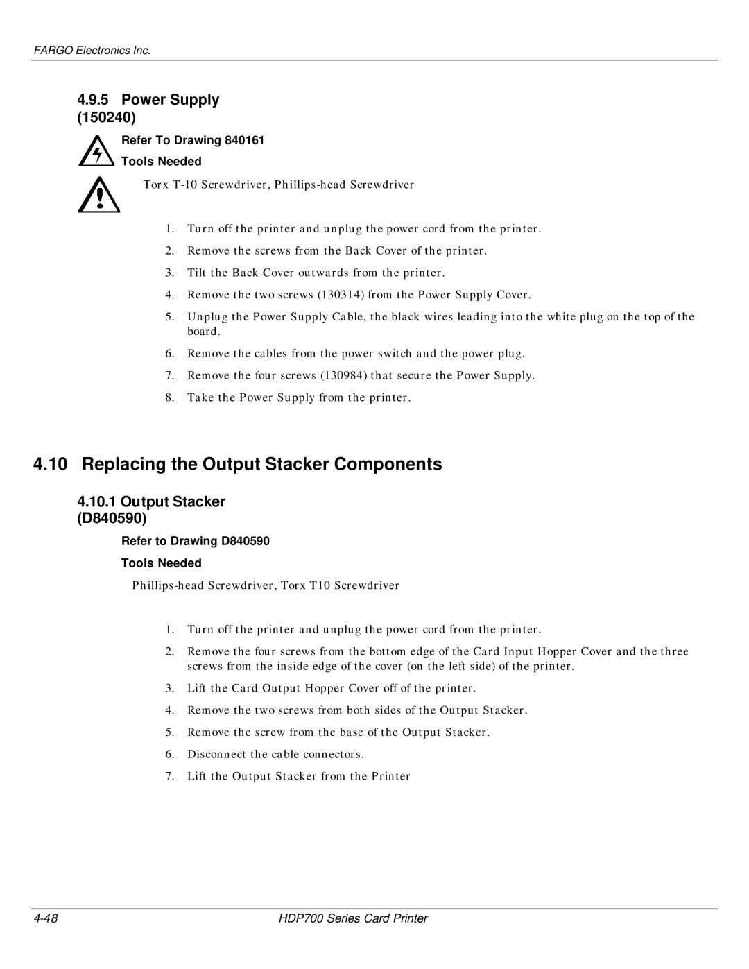 FARGO electronic HDP700 manual Replacing the Output Stacker Components, Power Supply, Output Stacker D840590 