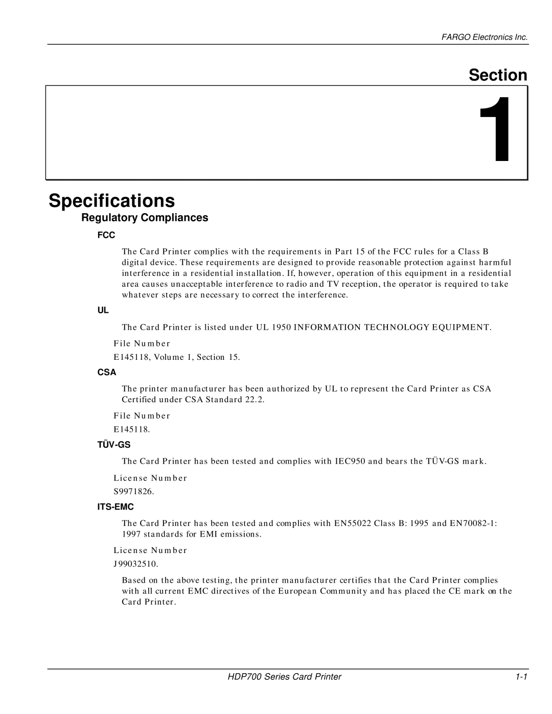 FARGO electronic HDP700 manual Specifications, Regulatory Compliances 