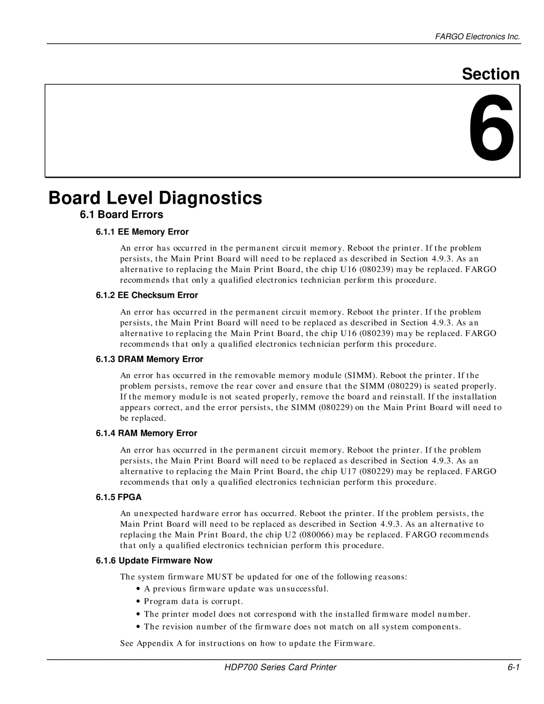 FARGO electronic HDP700 manual Board Errors 