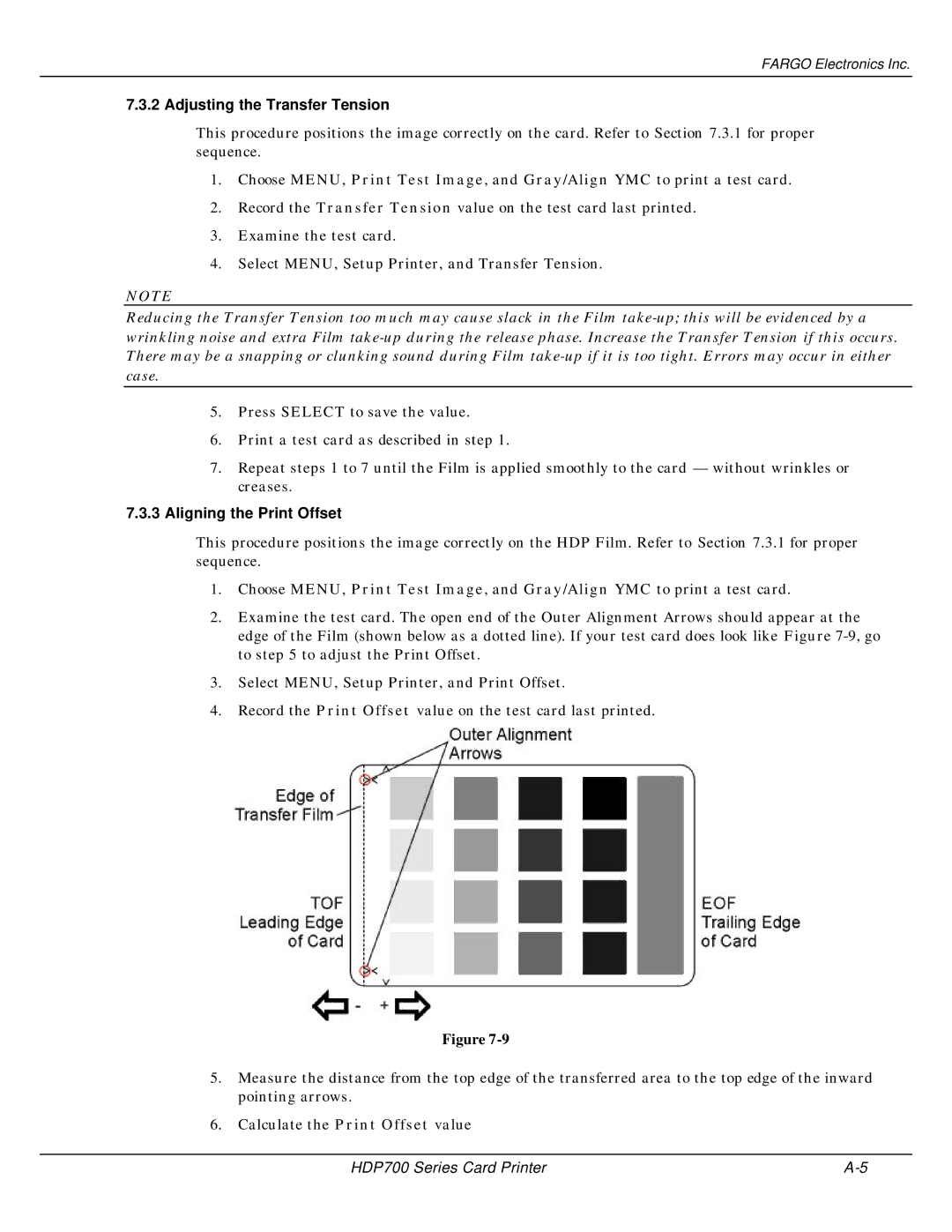 FARGO electronic HDP700 manual Adjusting the Transfer Tension, Aligning the Print Offset 