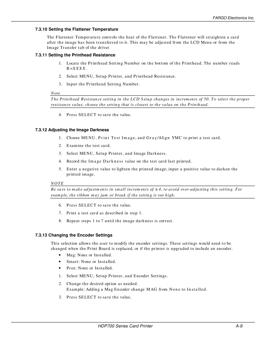 FARGO electronic HDP700 Setting the Flattener Temperature, Setting the Printhead Resistance, Adjusting the Image Darkness 