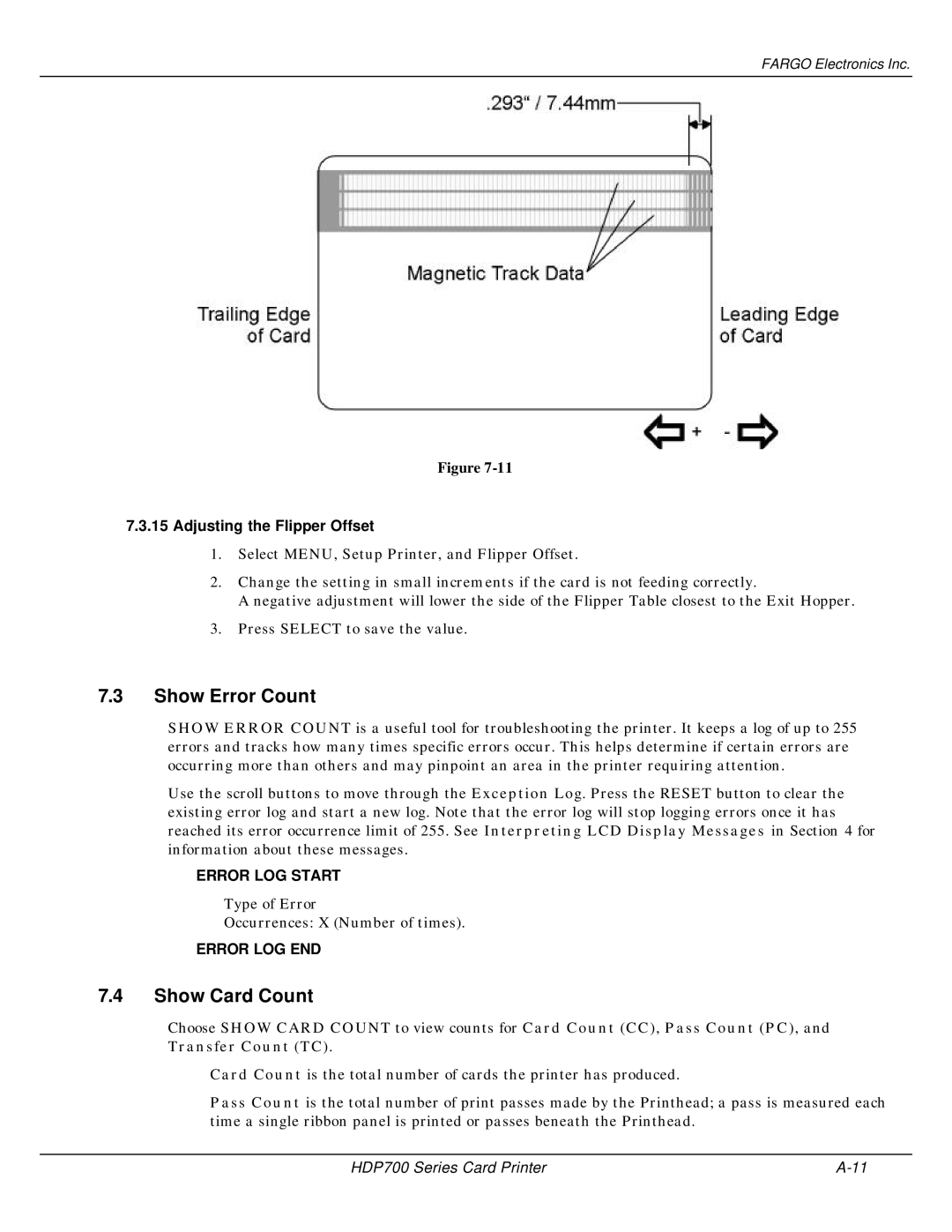 FARGO electronic HDP700 manual Show Error Count, Show Card Count, Adjusting the Flipper Offset 