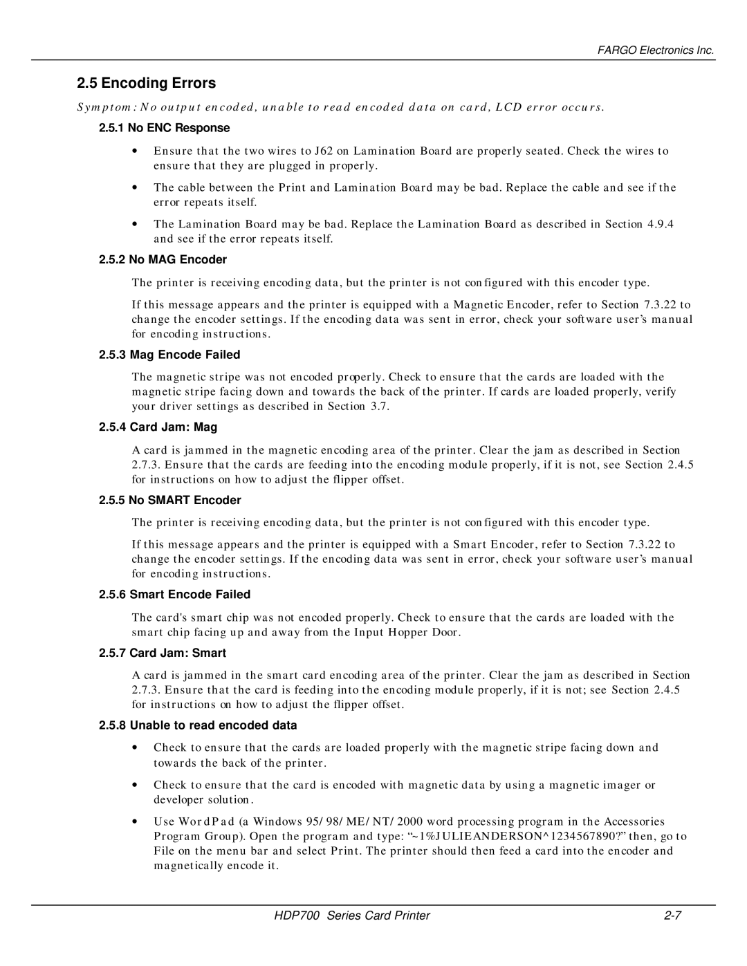 FARGO electronic HDP700 manual Encoding Errors 