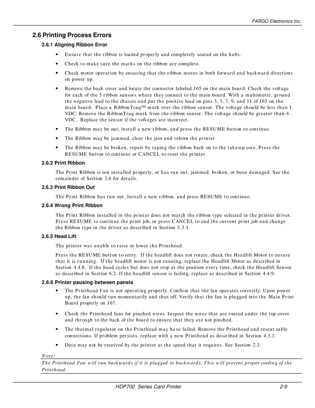 FARGO electronic HDP700 manual Printing Process Errors 