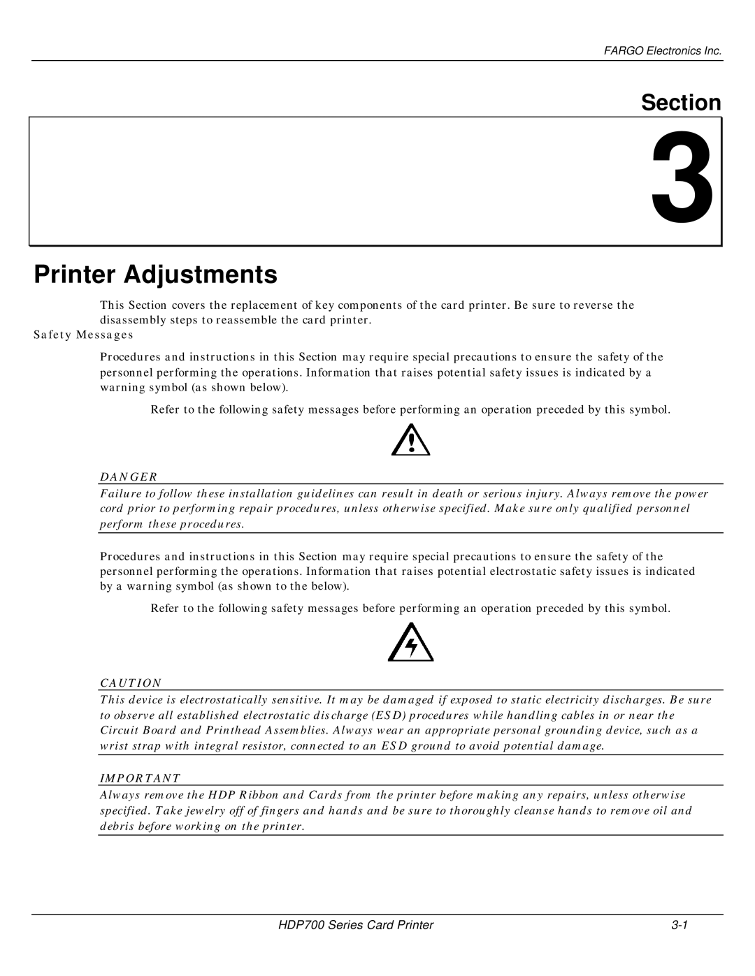 FARGO electronic HDP700 manual Printer Adjustments 