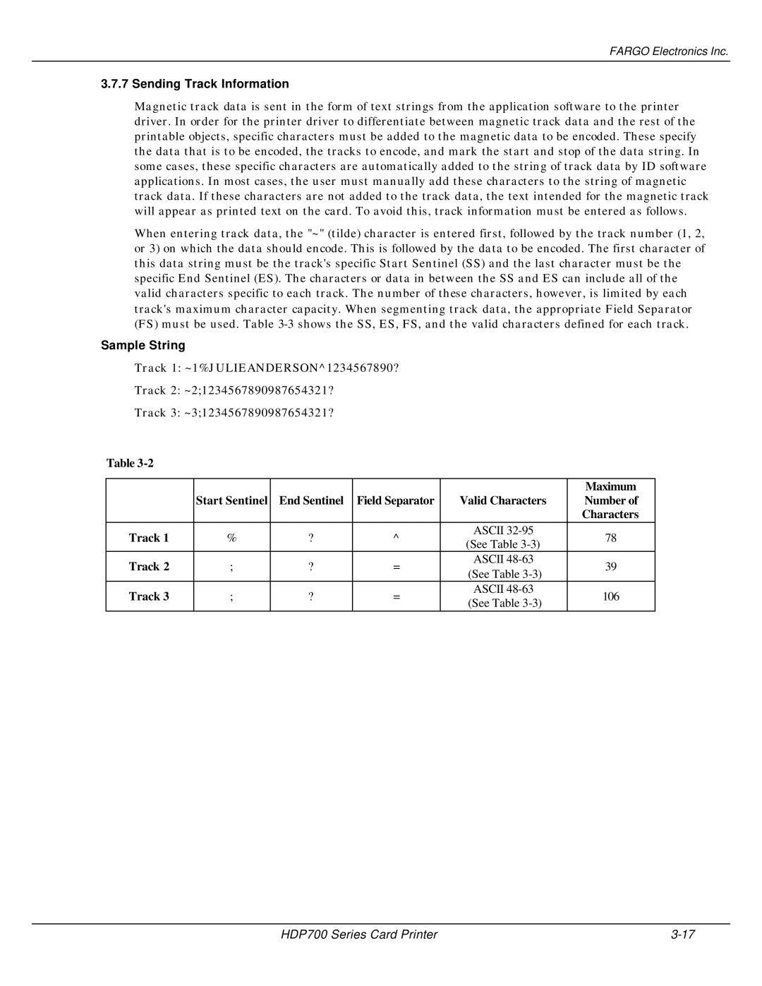 FARGO electronic HDP700 manual Sending Track Information, Sample String 