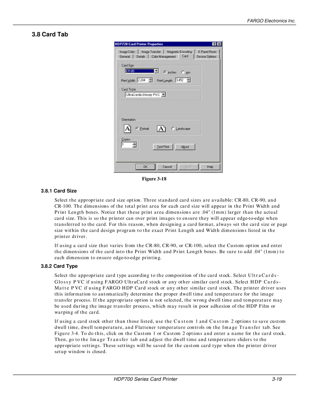 FARGO electronic HDP700 manual Card Tab, Card Size, Card Type 