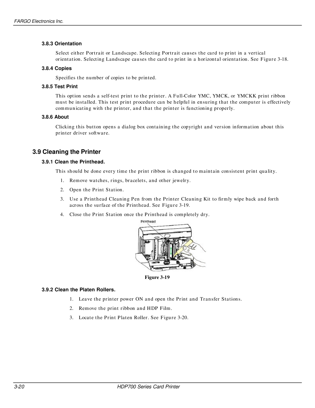 FARGO electronic HDP700 manual Cleaning the Printer 