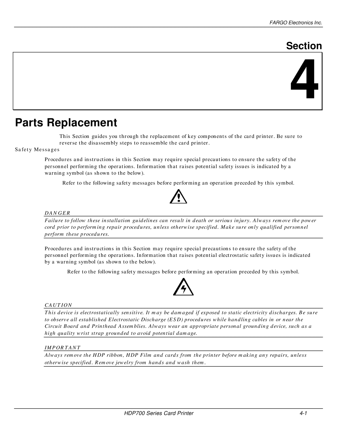 FARGO electronic HDP700 manual Parts Replacement 