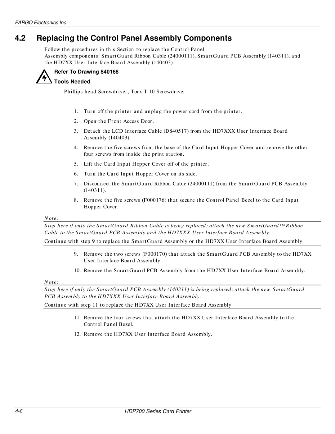 FARGO electronic HDP700 manual Replacing the Control Panel Assembly Components 