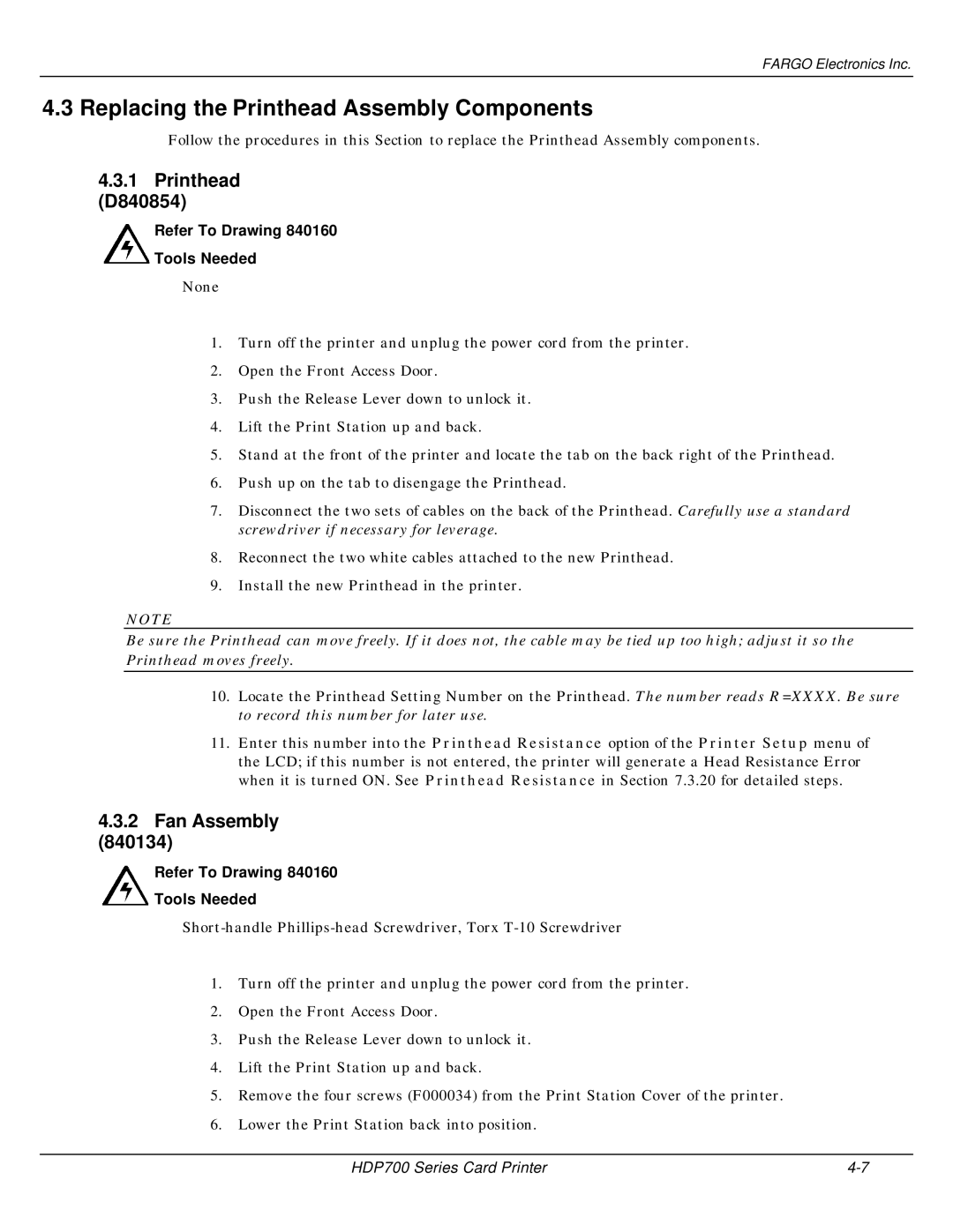 FARGO electronic HDP700 manual Replacing the Printhead Assembly Components, Printhead D840854, Fan Assembly 840134 
