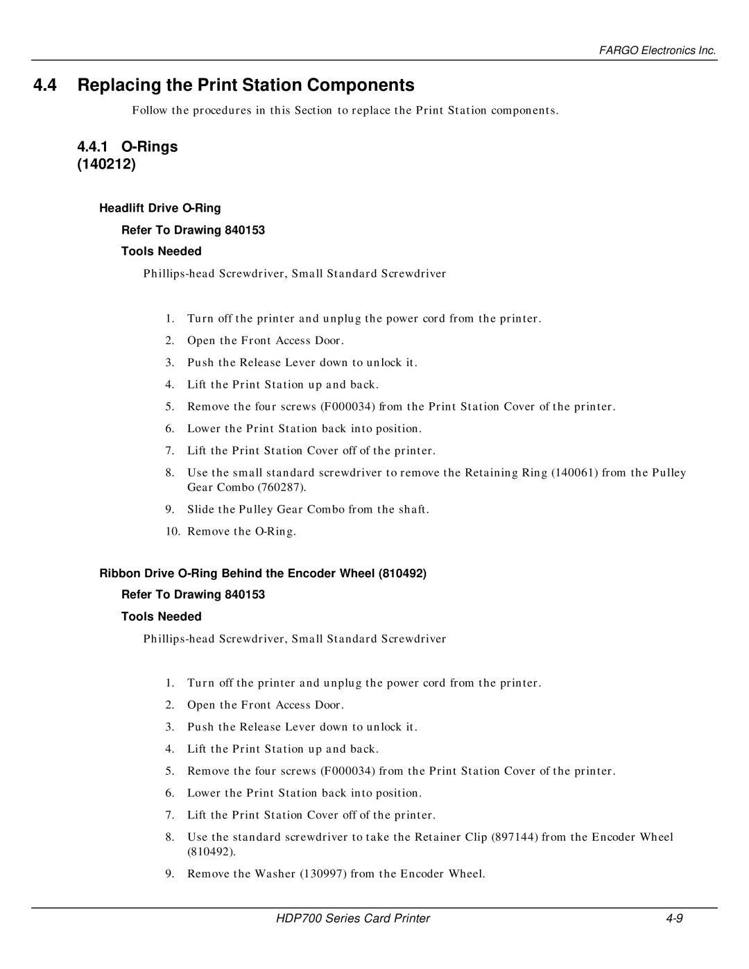 FARGO electronic HDP700 manual Replacing the Print Station Components, Rings 140212 