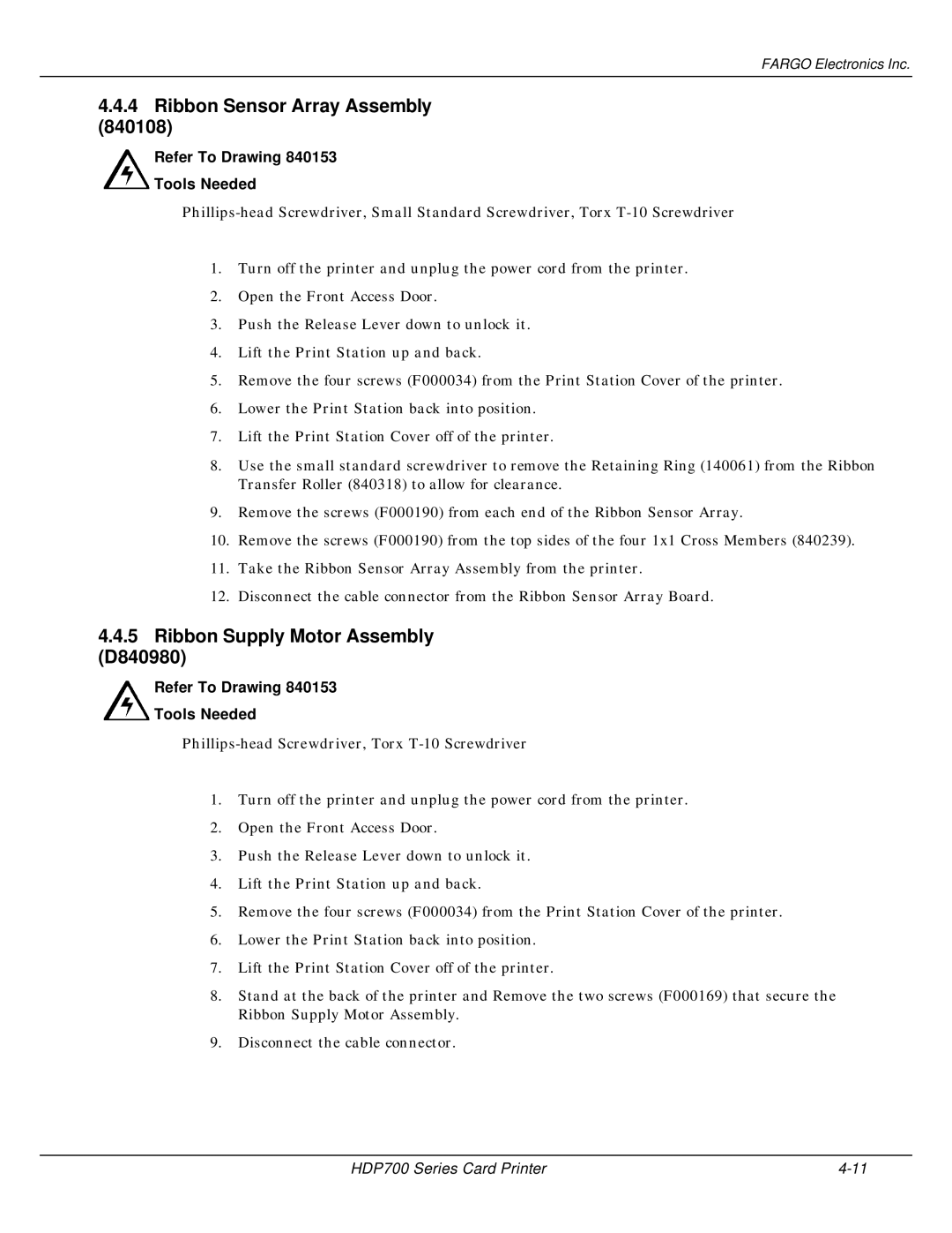 FARGO electronic HDP700 manual Ribbon Sensor Array Assembly, Ribbon Supply Motor Assembly D840980 