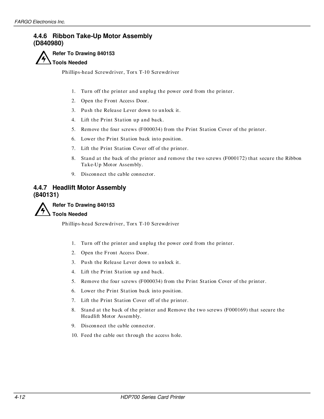 FARGO electronic HDP700 manual Ribbon Take-Up Motor Assembly D840980, Headlift Motor Assembly 840131 