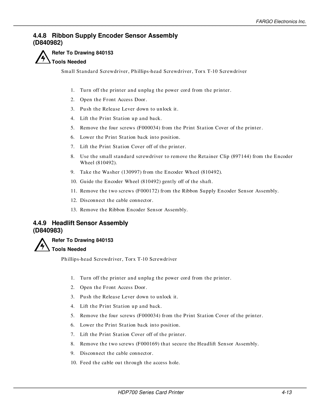 FARGO electronic HDP700 manual Ribbon Supply Encoder Sensor Assembly D840982, Headlift Sensor Assembly D840983 