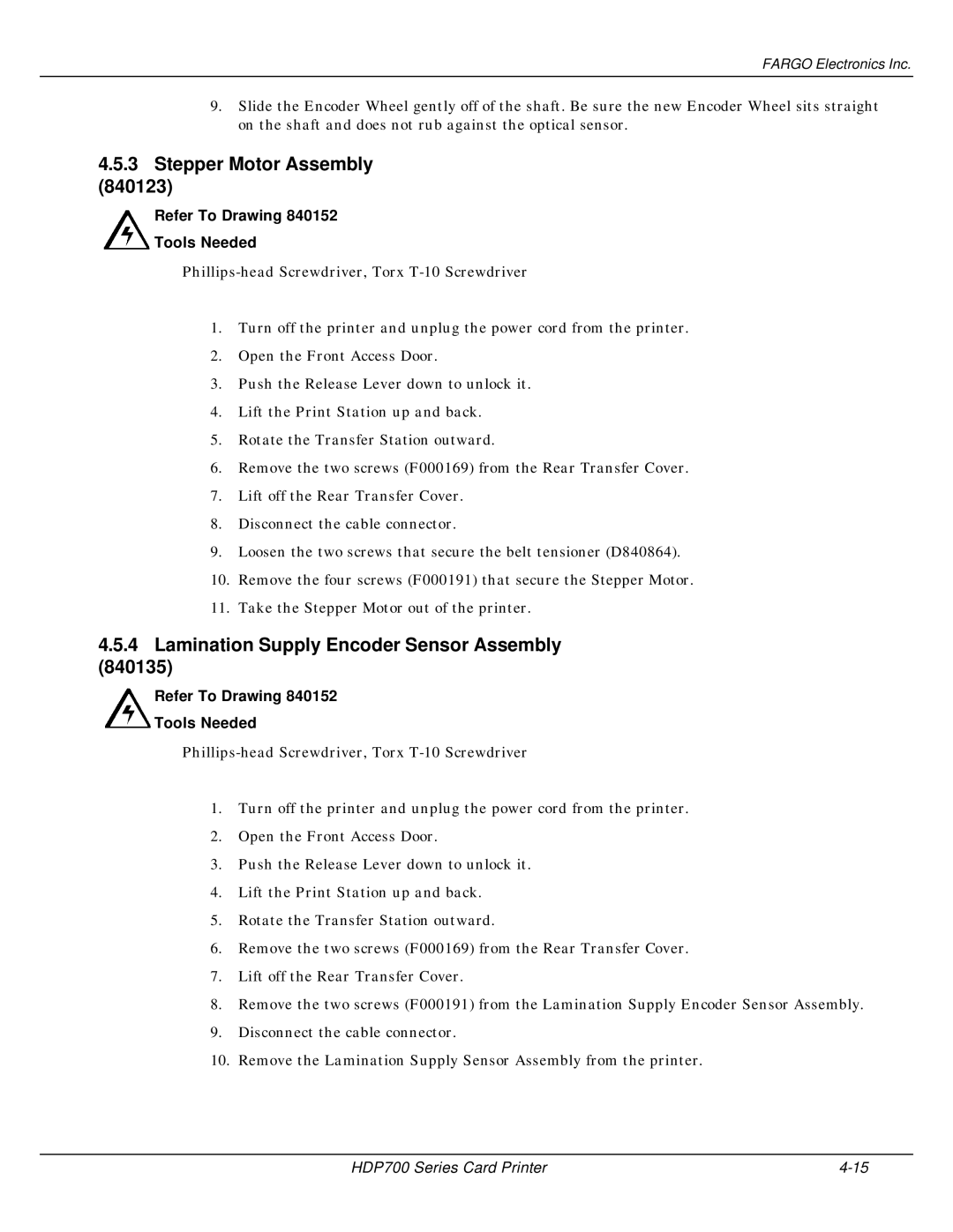 FARGO electronic HDP700 manual Stepper Motor Assembly 840123, Lamination Supply Encoder Sensor Assembly 