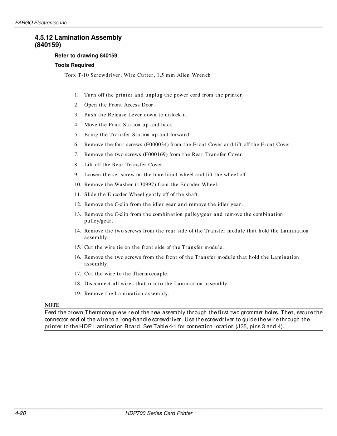 FARGO electronic HDP700 manual Lamination Assembly, Refer to drawing Tools Required 