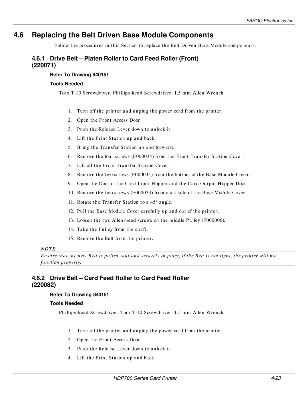 FARGO electronic HDP700 Replacing the Belt Driven Base Module Components, Drive Belt Card Feed Roller to Card Feed Roller 
