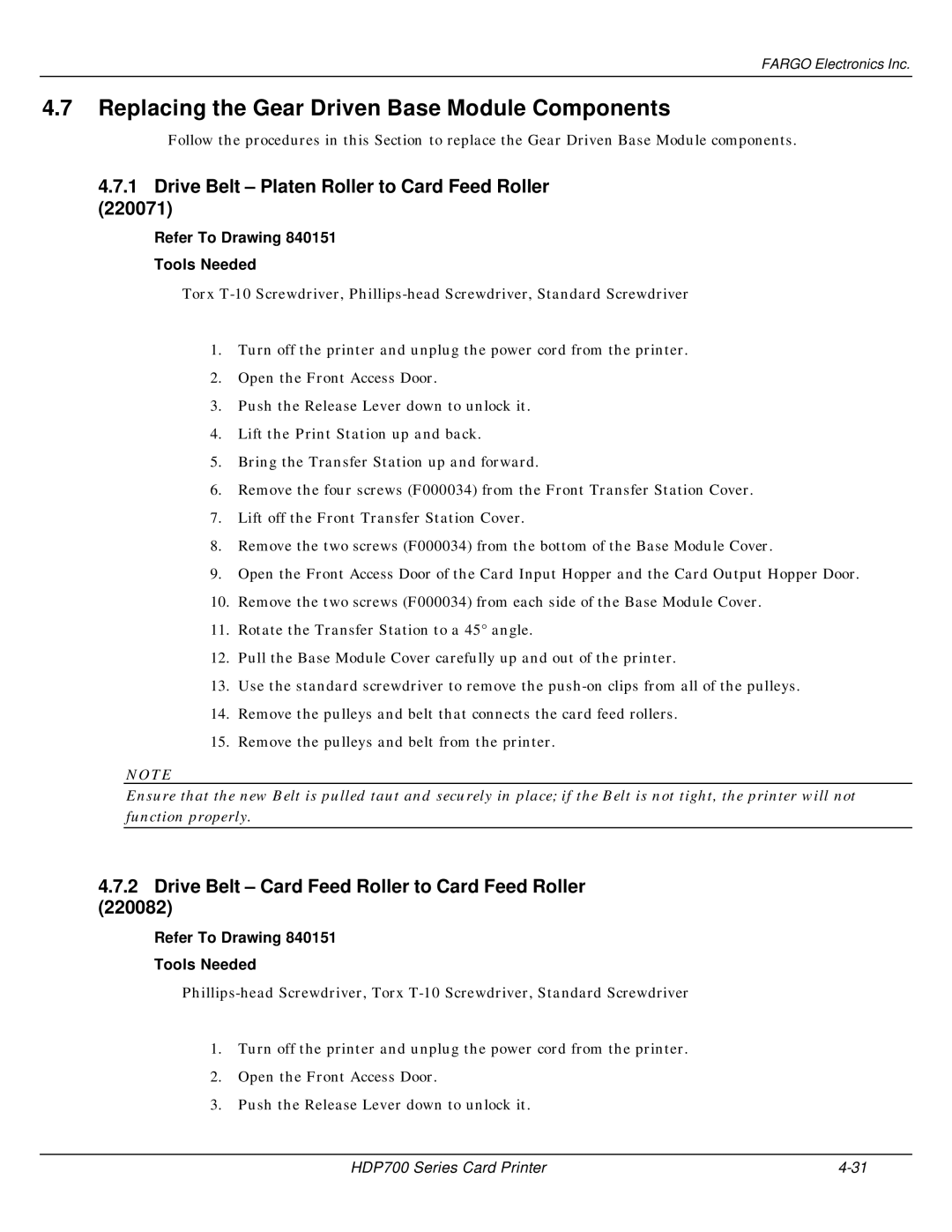 FARGO electronic HDP700 Replacing the Gear Driven Base Module Components, Drive Belt Platen Roller to Card Feed Roller 