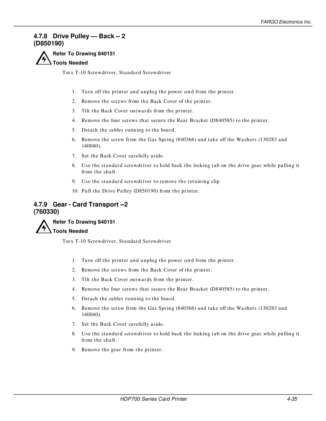 FARGO electronic HDP700 manual Drive Pulley Back -- 2 D850190, Gear Card Transport --2 