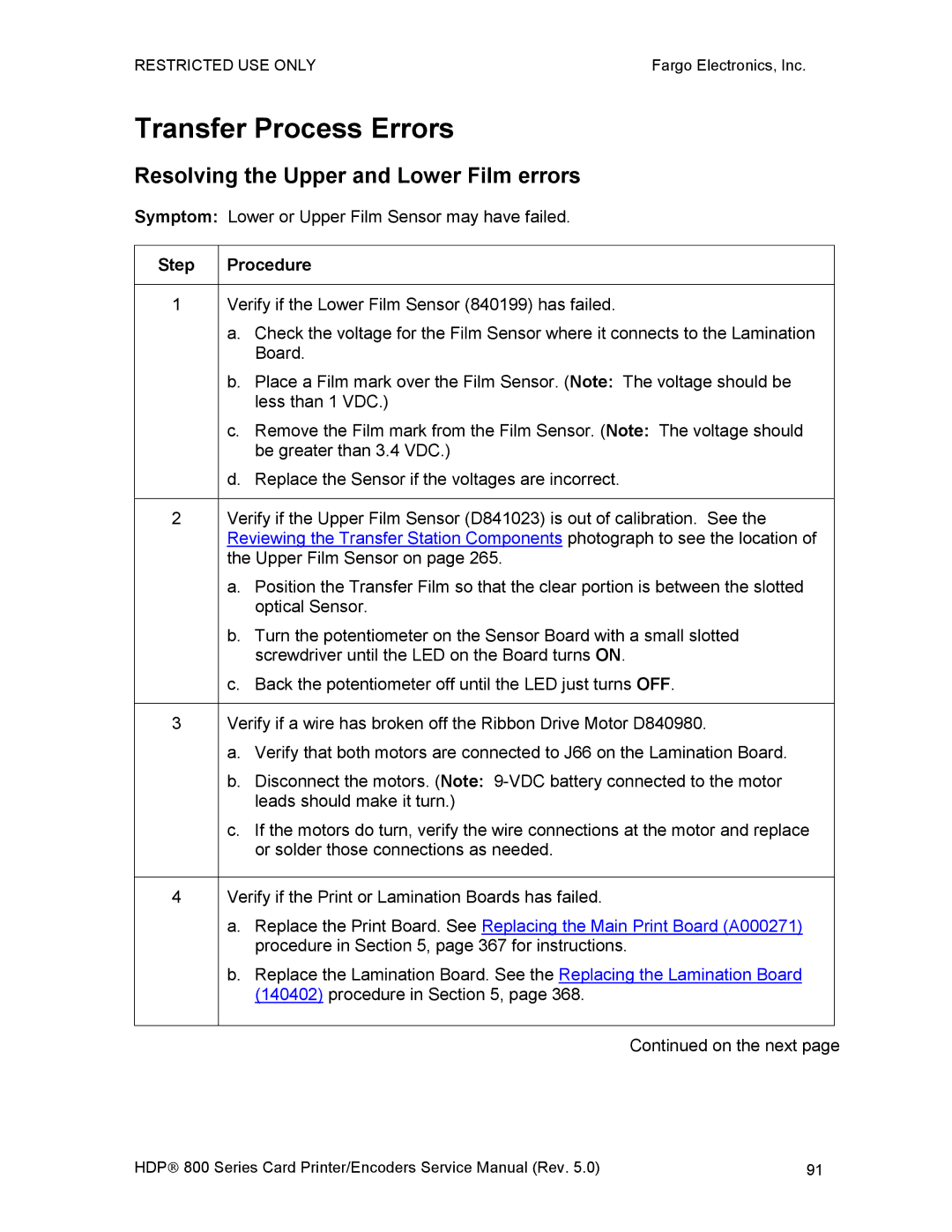 FARGO electronic HDP820 service manual Transfer Process Errors, Resolving the Upper and Lower Film errors 