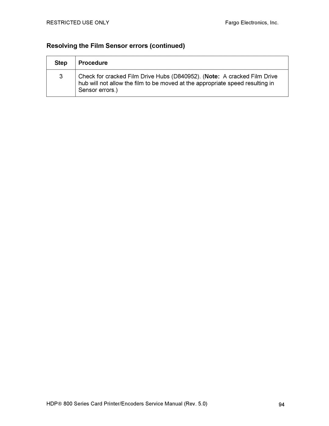 FARGO electronic HDP820 service manual Resolving the Film Sensor errors, Step 