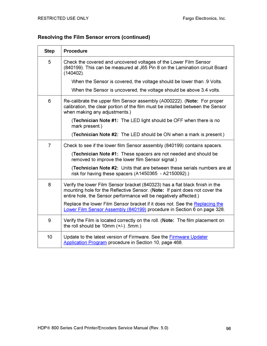 FARGO electronic HDP820 service manual Resolving the Film Sensor errors 