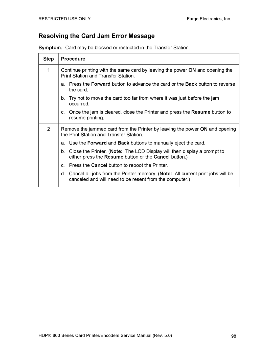 FARGO electronic HDP820 service manual Resolving the Card Jam Error Message 