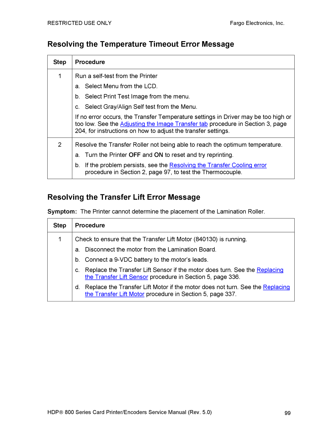 FARGO electronic HDP820 Resolving the Temperature Timeout Error Message, Resolving the Transfer Lift Error Message 