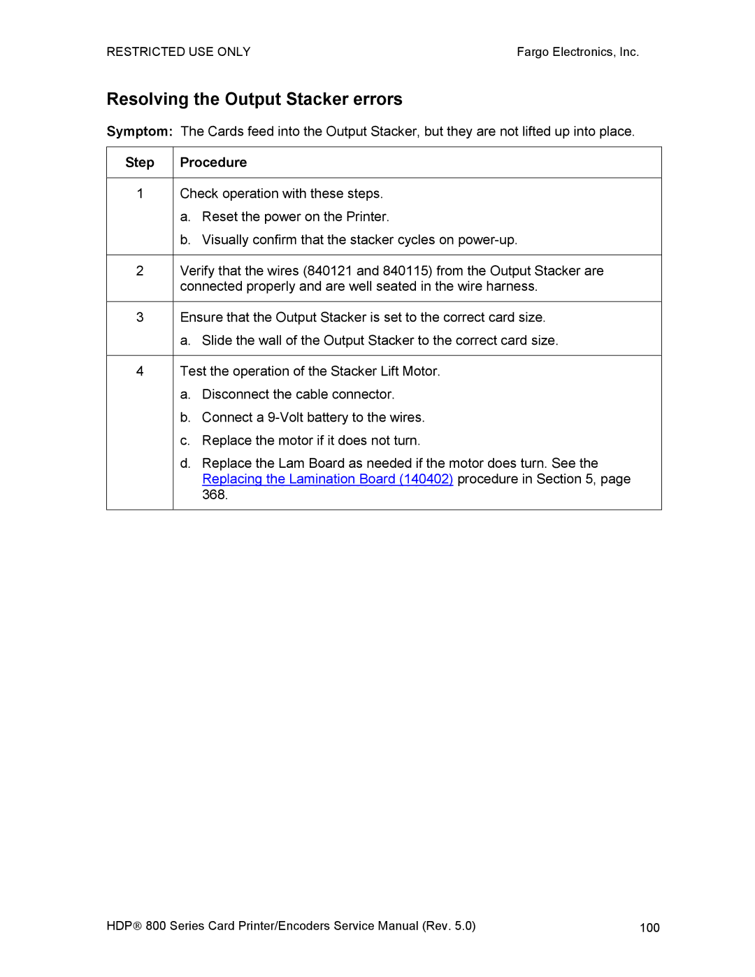 FARGO electronic HDP820 service manual Resolving the Output Stacker errors 