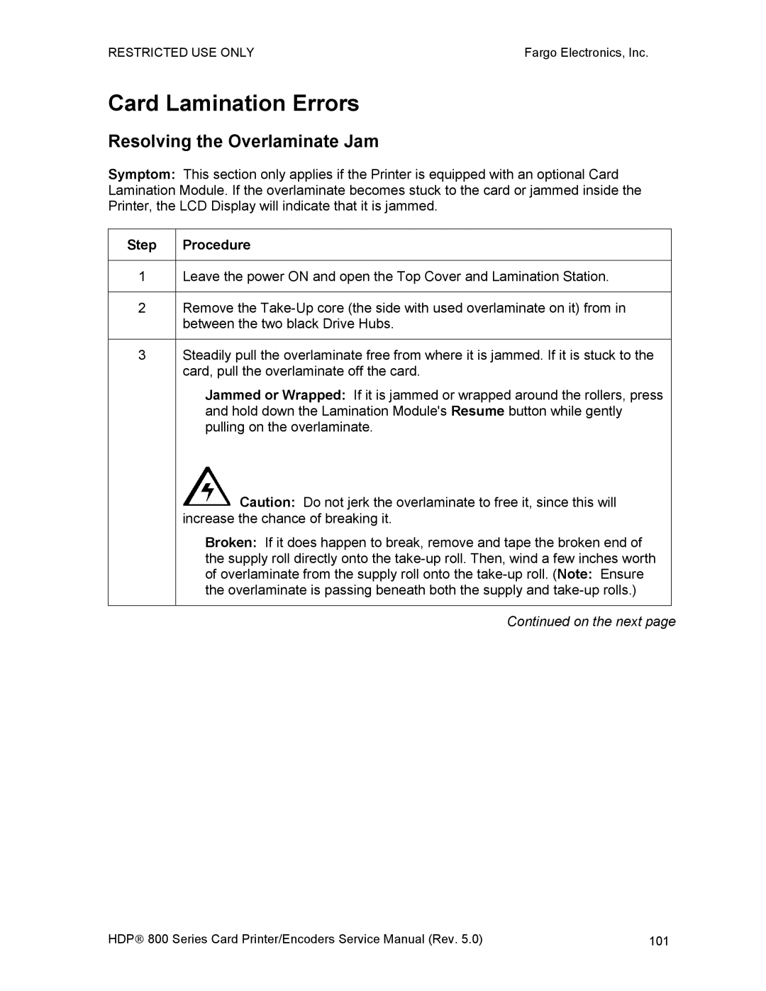 FARGO electronic HDP820 service manual Card Lamination Errors, Resolving the Overlaminate Jam 