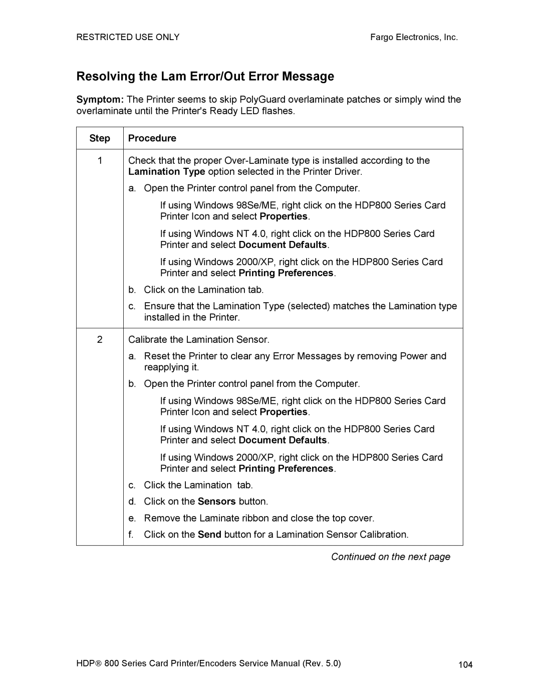 FARGO electronic HDP820 service manual Resolving the Lam Error/Out Error Message, Step Procedure 