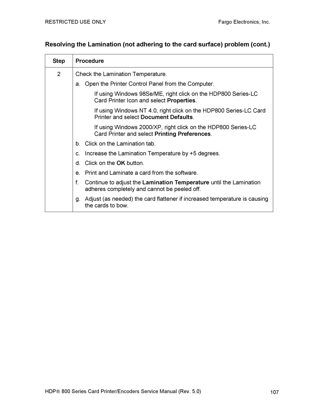 FARGO electronic HDP820 service manual Check the Lamination Temperature 