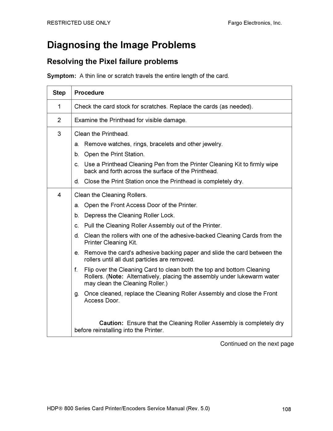 FARGO electronic HDP820 service manual Diagnosing the Image Problems, Resolving the Pixel failure problems 