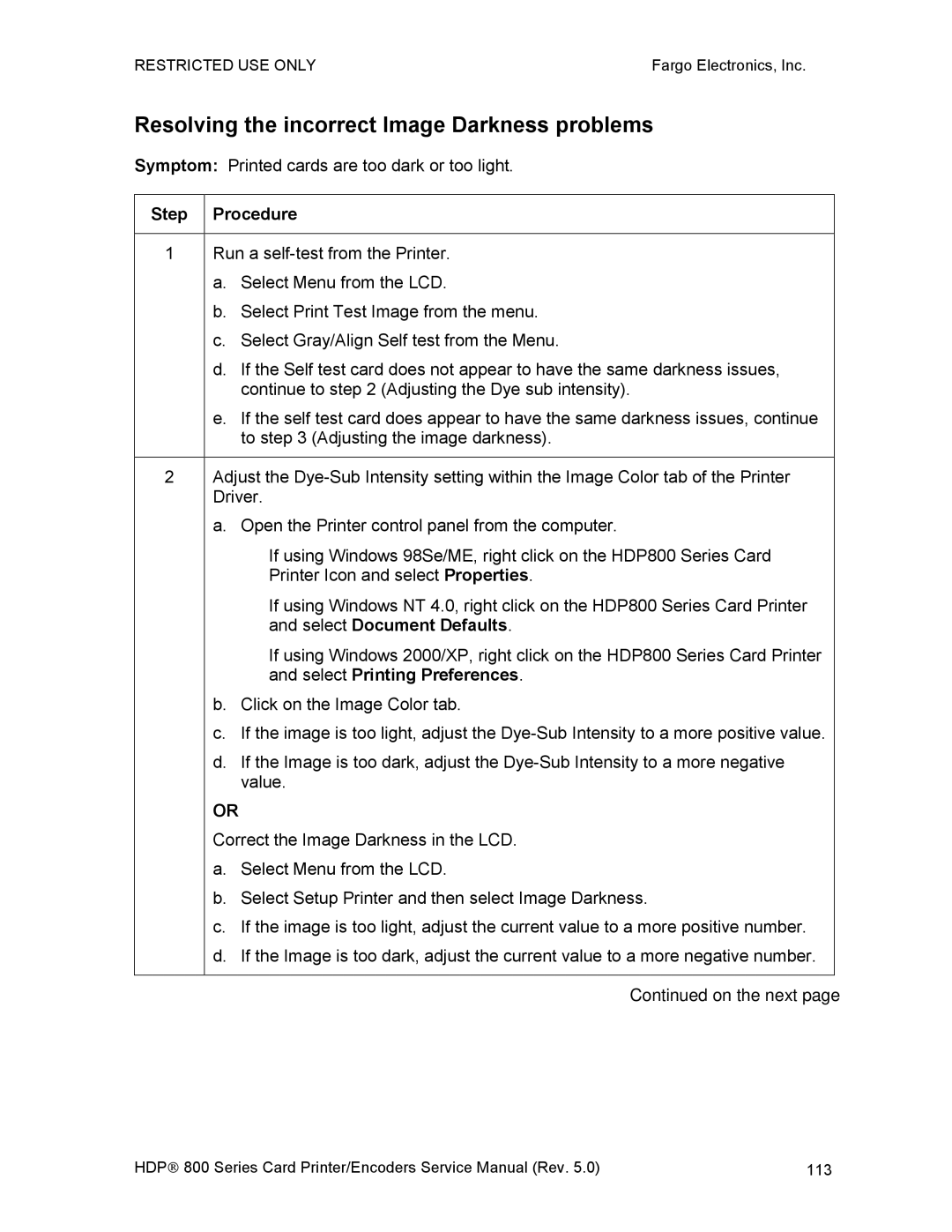 FARGO electronic HDP820 service manual Resolving the incorrect Image Darkness problems 