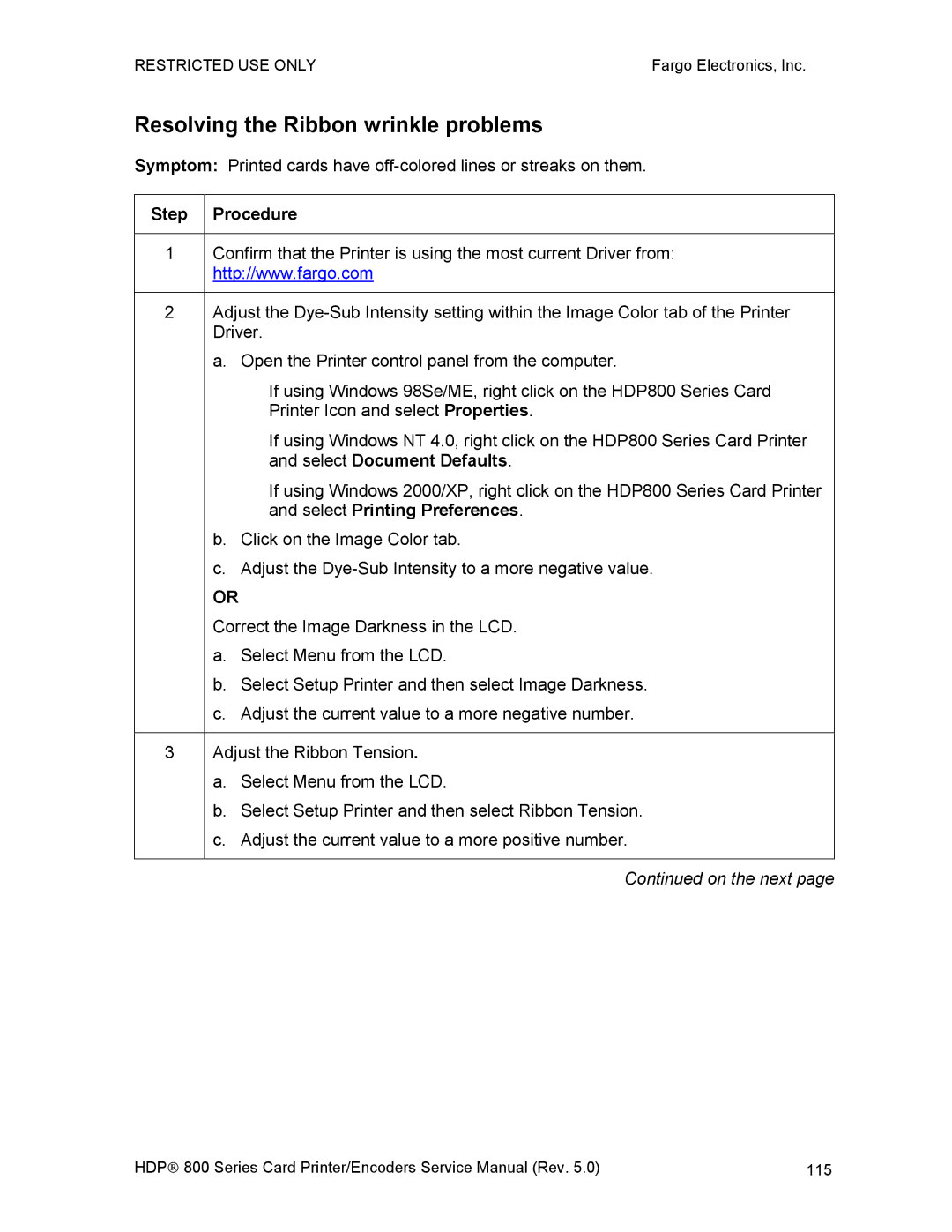 FARGO electronic HDP820 service manual Resolving the Ribbon wrinkle problems 