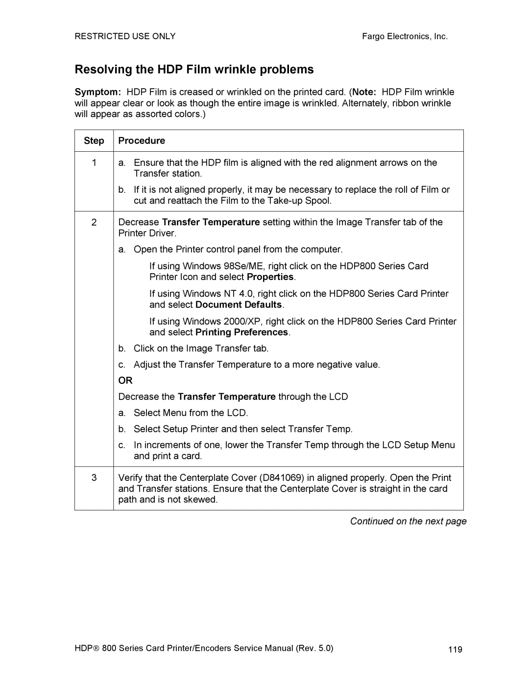 FARGO electronic HDP820 service manual Resolving the HDP Film wrinkle problems 