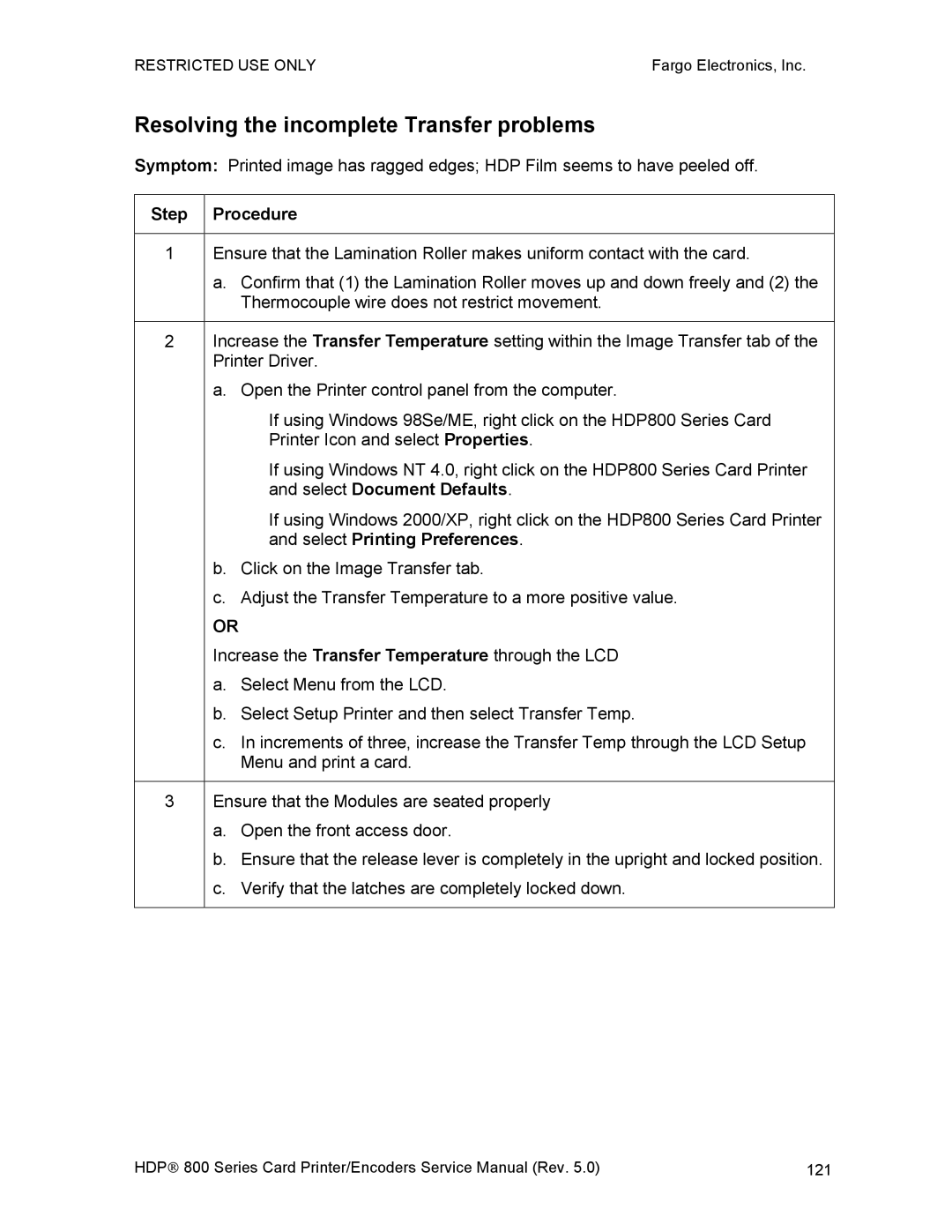 FARGO electronic HDP820 service manual Resolving the incomplete Transfer problems 