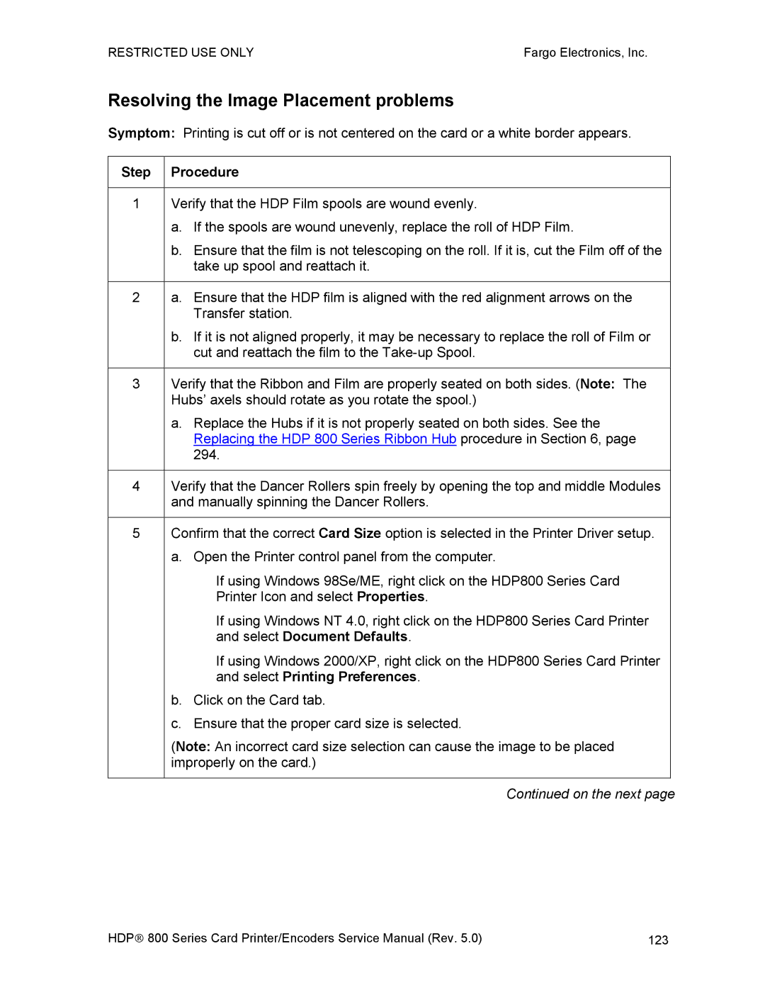 FARGO electronic HDP820 service manual Resolving the Image Placement problems 