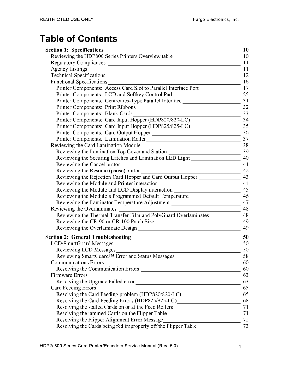 FARGO electronic HDP820 service manual Table of Contents 