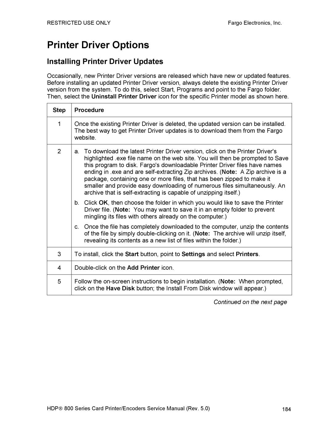 FARGO electronic HDP820 service manual Printer Driver Options, Installing Printer Driver Updates 