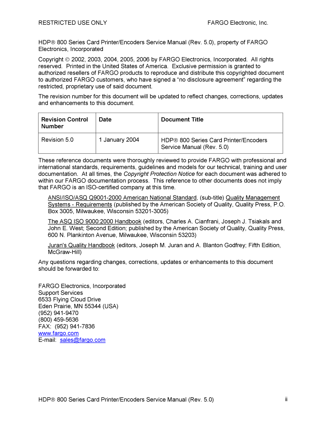 FARGO electronic HDP820 service manual Restricted USE only, Revision Control Date Document Title Number 