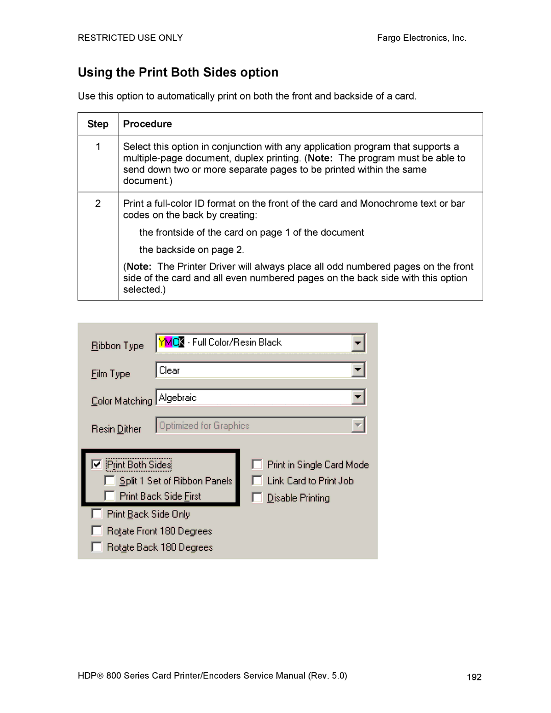 FARGO electronic HDP820 service manual Using the Print Both Sides option 