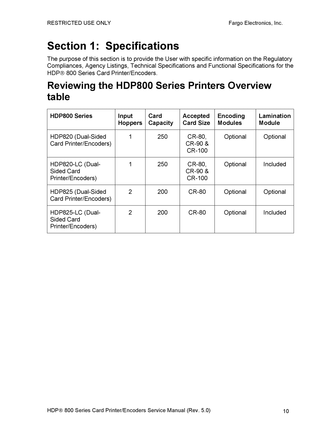 FARGO electronic HDP820 service manual Specifications 