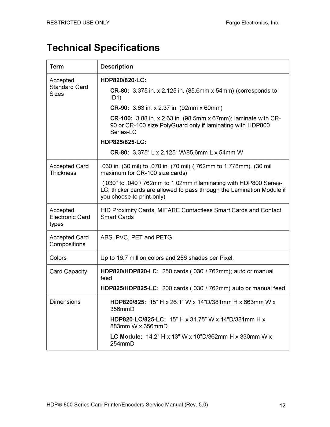 FARGO electronic service manual Technical Specifications, HDP820/820-LC, HDP825/825-LC 