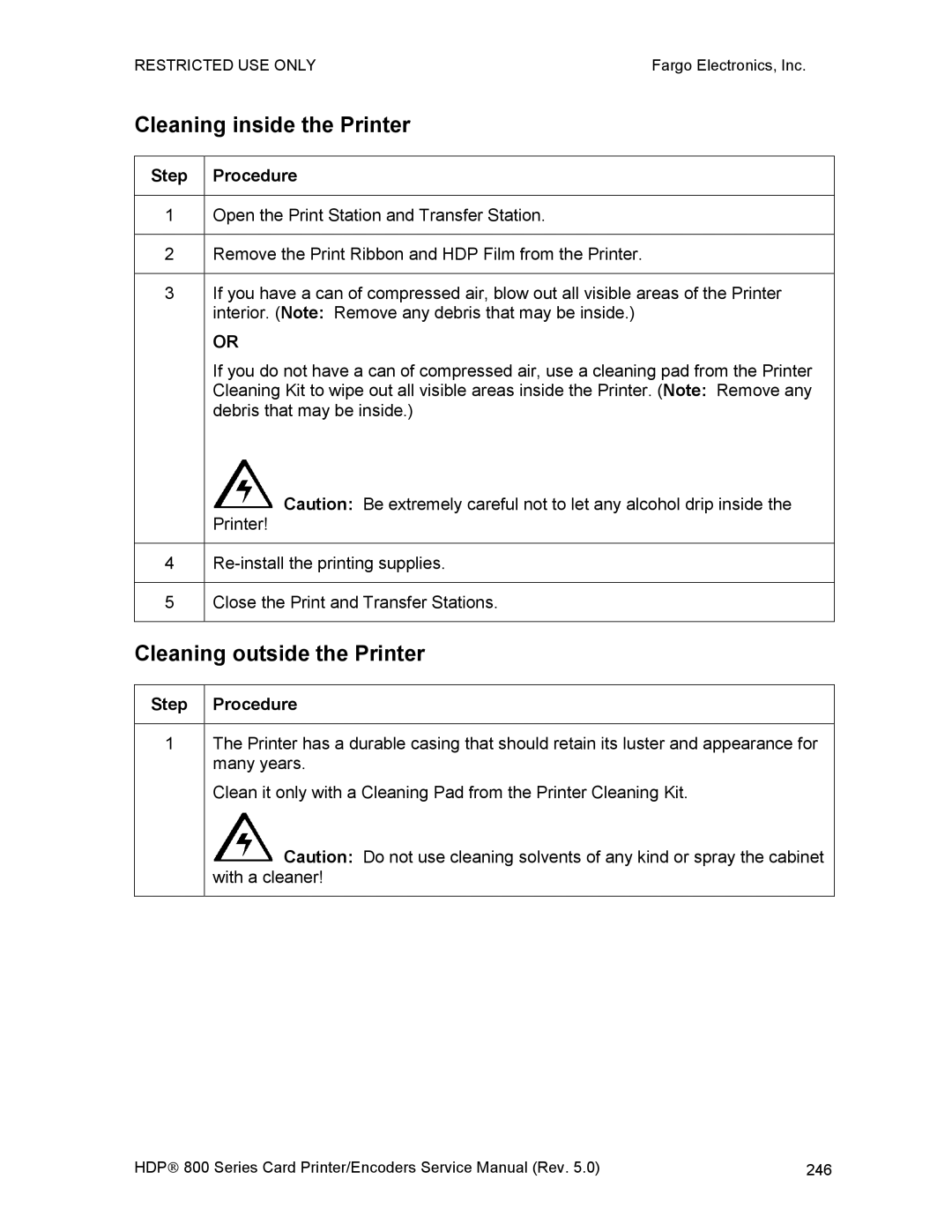 FARGO electronic HDP820 service manual Cleaning inside the Printer, Cleaning outside the Printer 