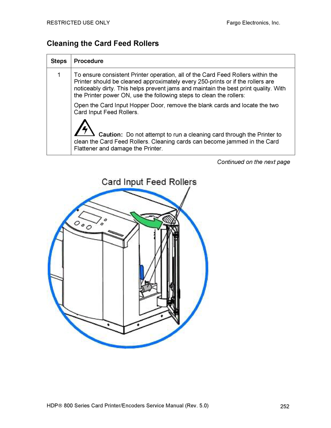 FARGO electronic HDP820 service manual Cleaning the Card Feed Rollers, Steps Procedure 